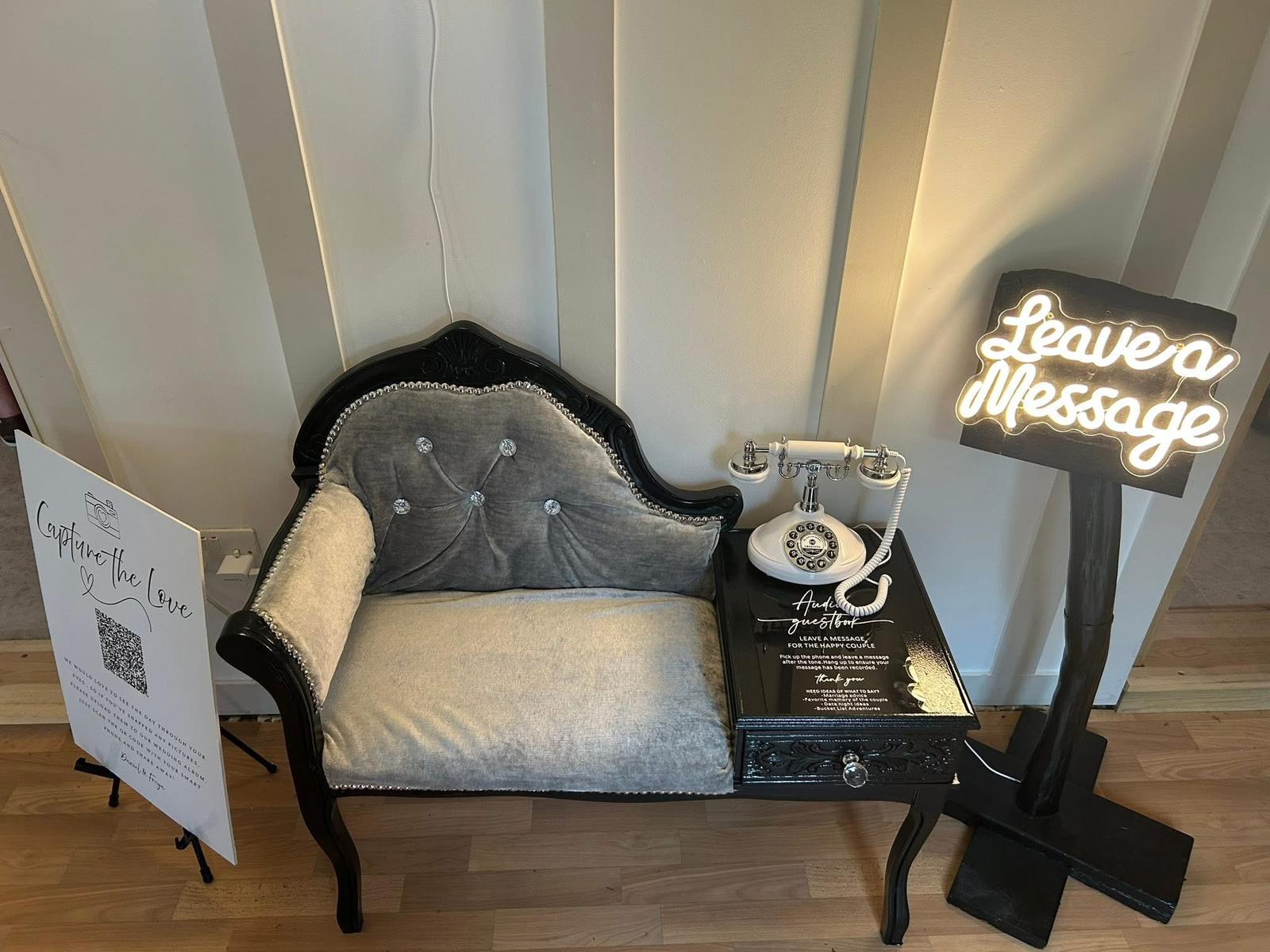 Peachey Events audio guestbook with vintage phone and Leave a Message neon sign